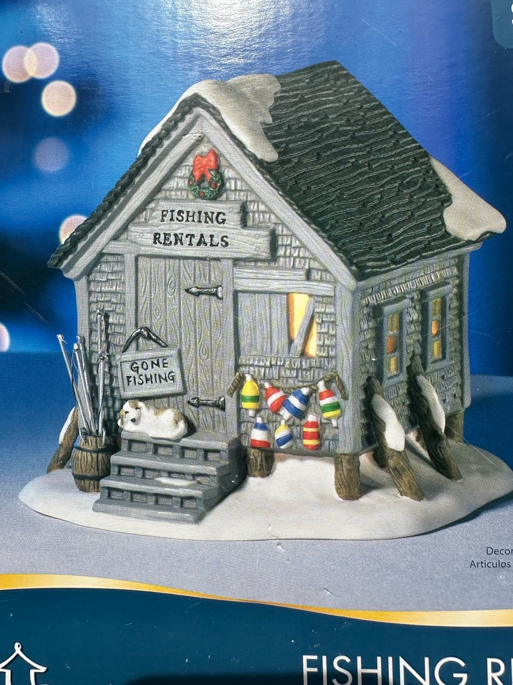 Holiday Time”Fishing Rentals" Noel Village Lighted Shack Blue Waters 2006 NIB